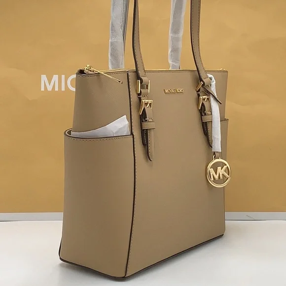 MICHAEL KORSJet Set Lg Crossgrain Leather Top-Zip Charlotte Tote ShoulderCamel